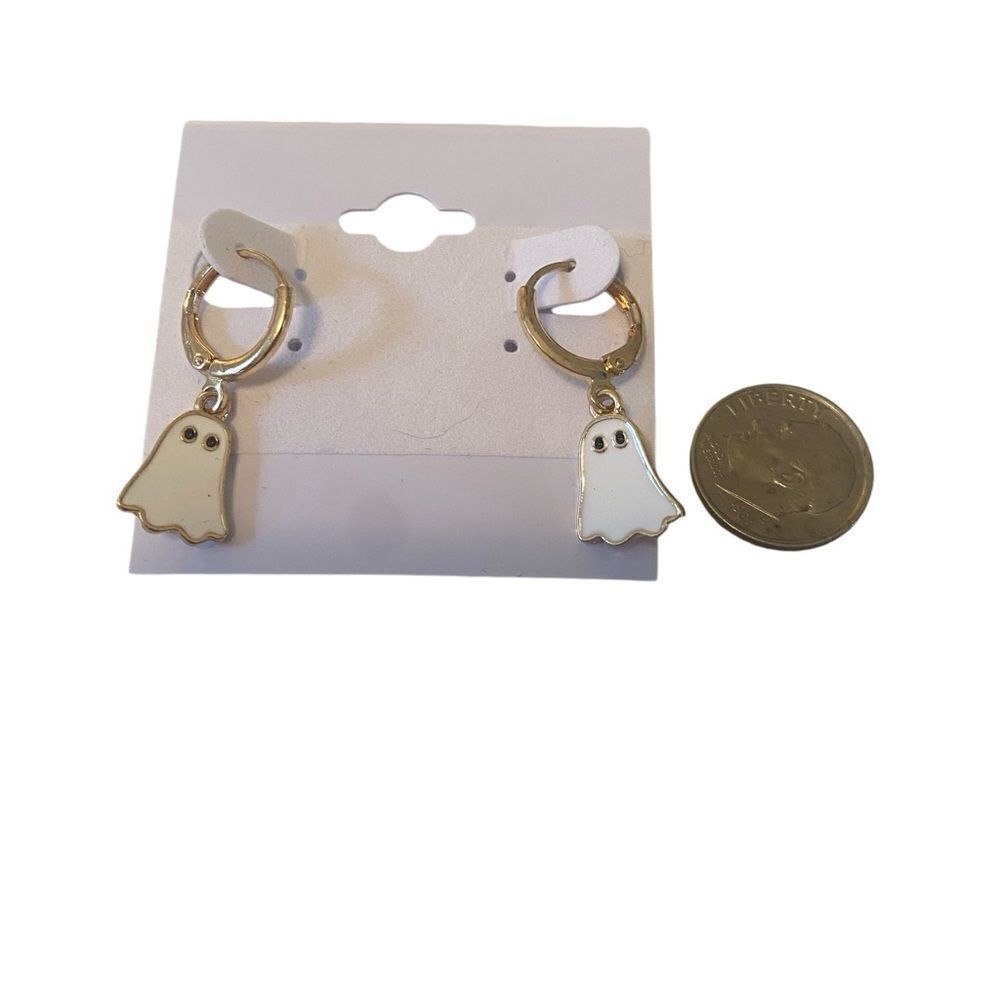 Adorable Small White & Gold Tone Ghost Dangle Earrings - Picture 6 of 6